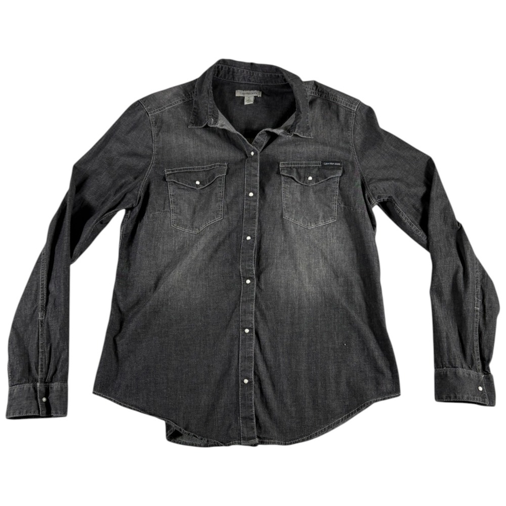 Calvin Klein Jeans Shirt Women Medium Black Denim Pearl Snap Shirttail Western